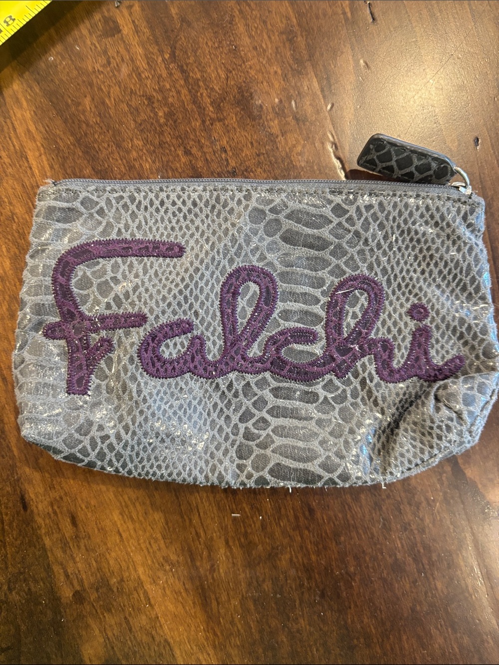 Carlos Falchi Gray Snake-Print Cosmetic Pouch with Purple Script